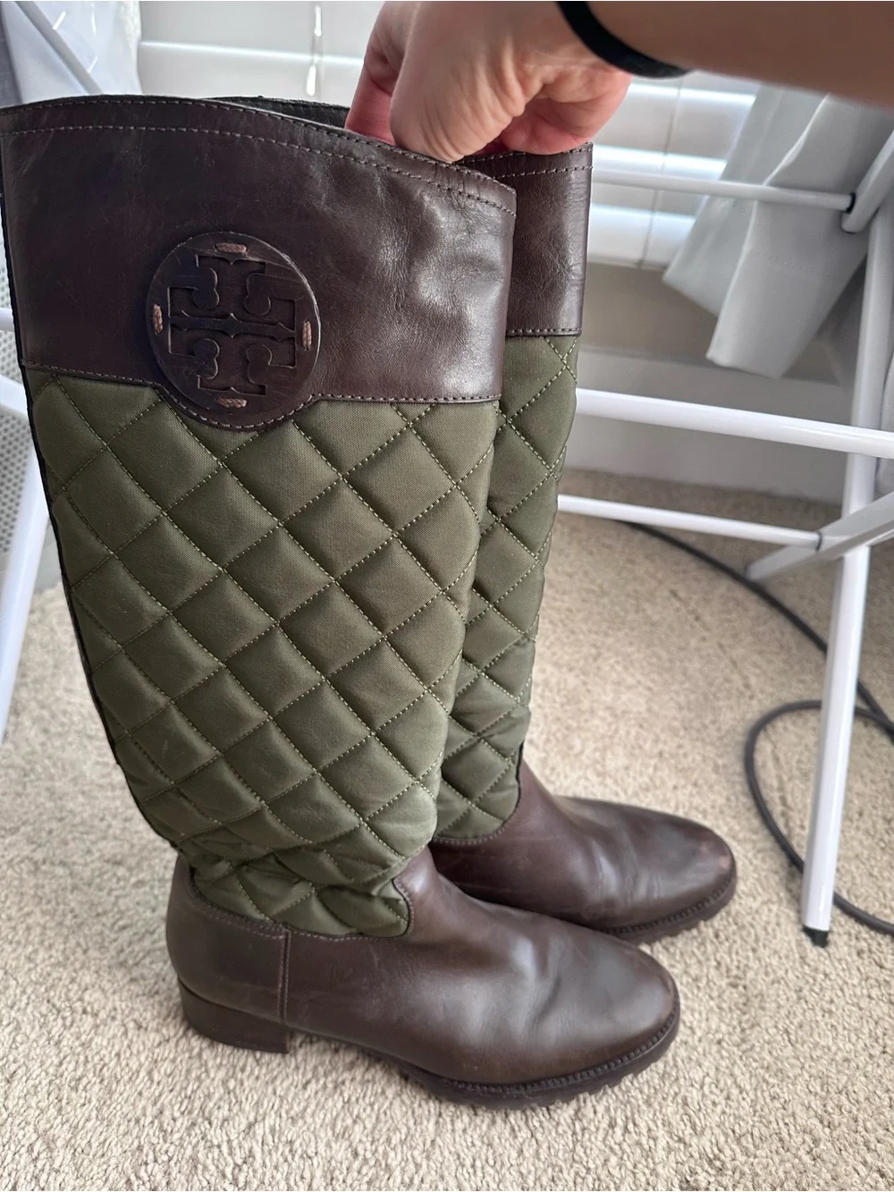 Tory Burch Rowan Quilted Riding Boots Green/Brown Leather